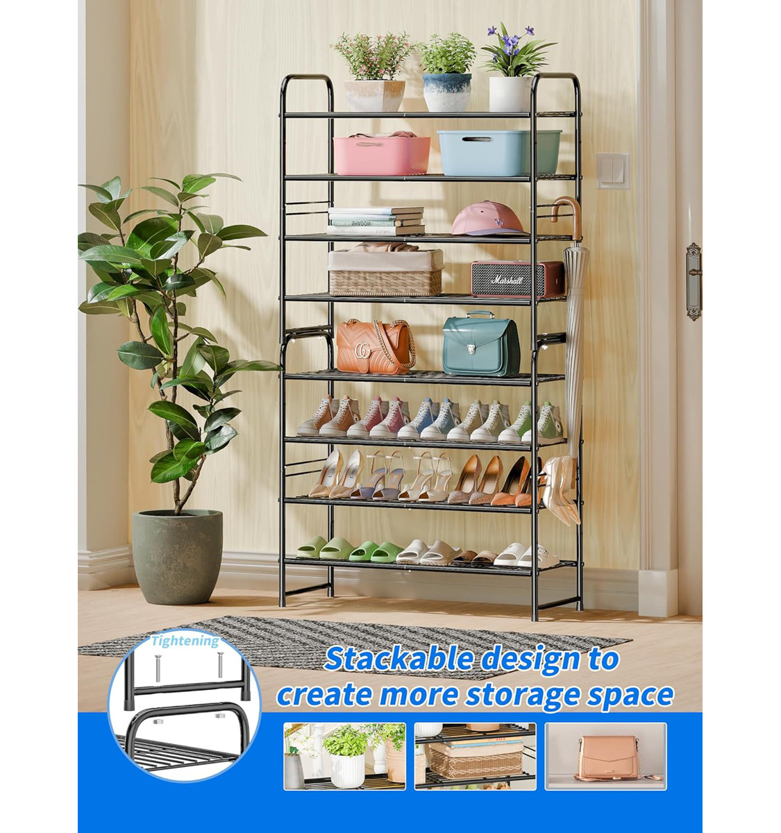 4-Tier 20 Pair Shoe Rack, Metal Stackable Shoe Storage for Closet